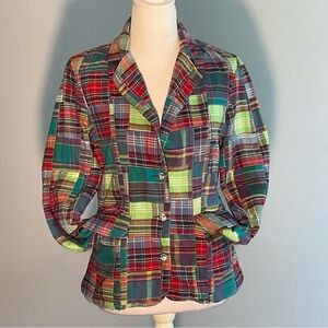 Sam TY Size 8 Vibrant Madras Plaid Patchwork Blazer Crystal Buttons Pocket Flaps